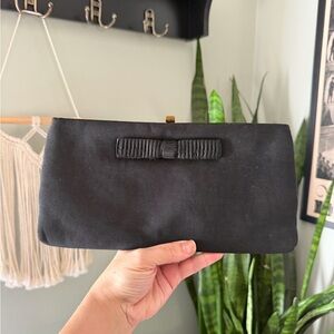VTG 50s Chic HL Harry Levine Black Crepe Bow Clutch with Gold Trim